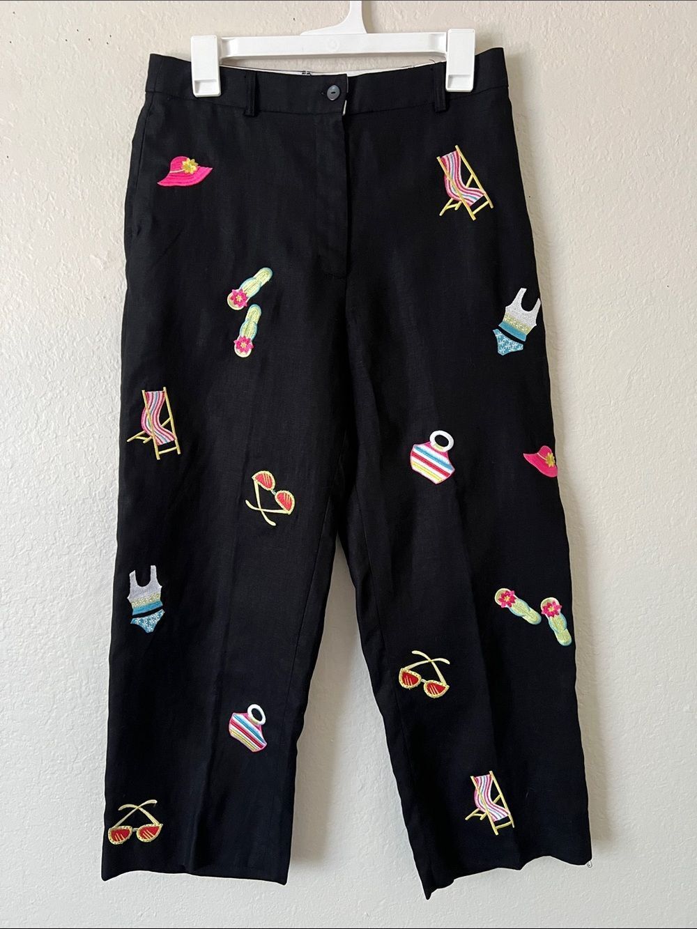 NWT PURE & SIMPLE 100% Linen Embroidered Summer Motif Cropped Pants Black Size 6